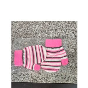Kids Pink White Black Striped Knit Mittens Winter Cold Weather Gloves